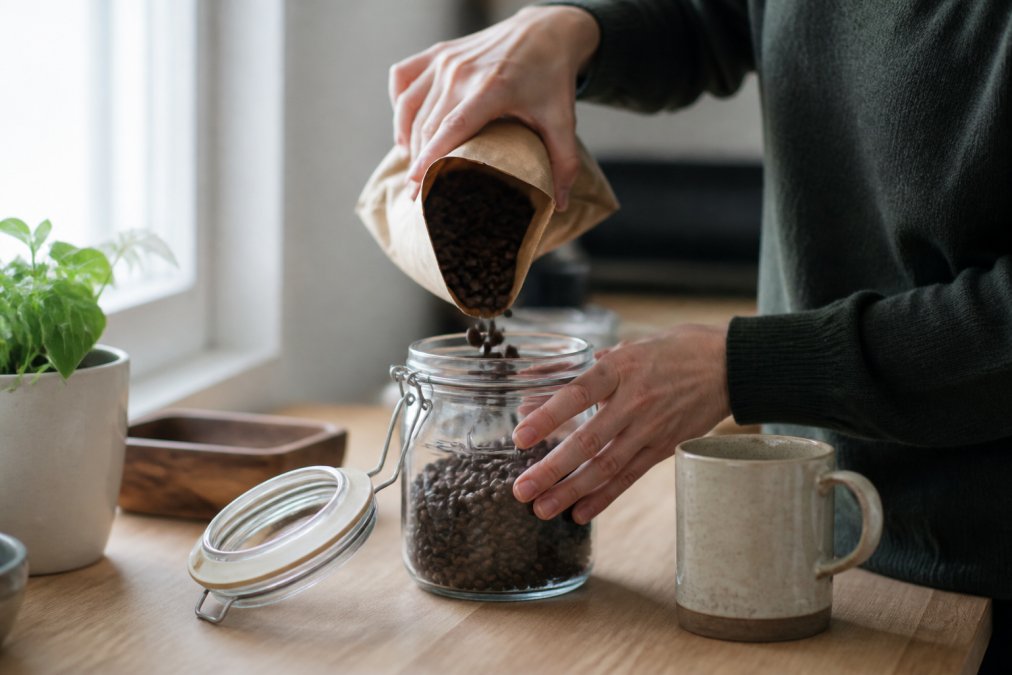 Hands pouring whole coffee beans into an airtight glass canister to store coffee beans properly on a kitchen counter