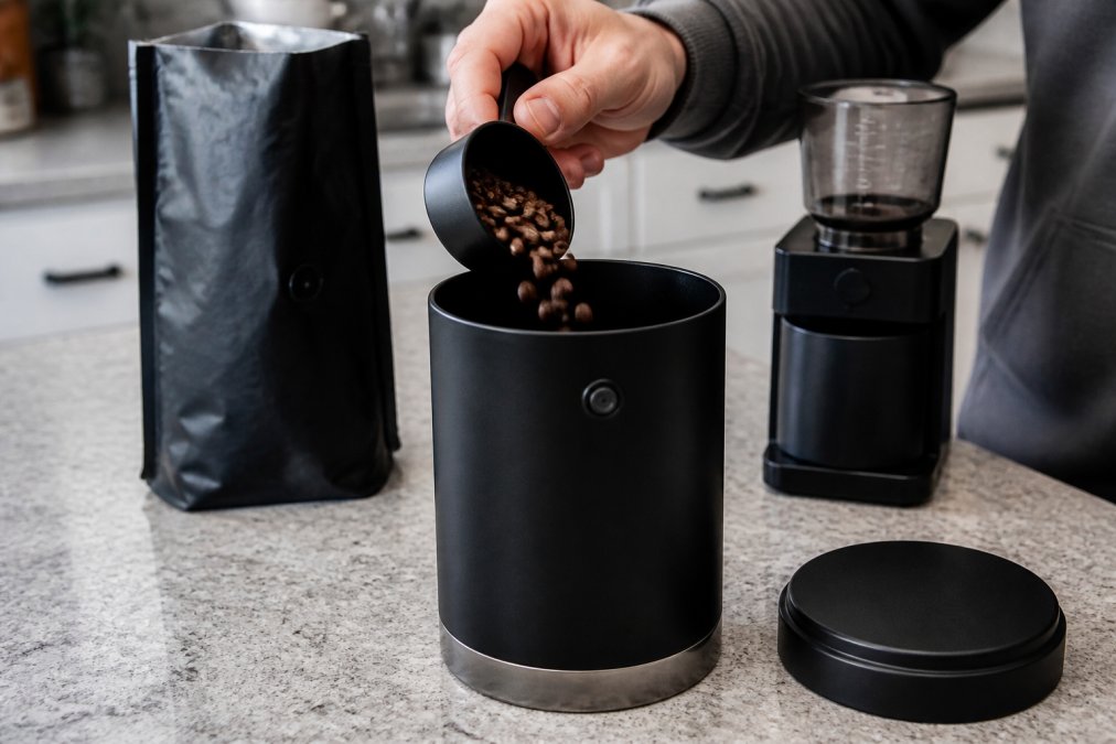 A hand placing whole coffee beans into an opaque airtight container with a one-way valve on a kitchen bench, with a bag of coffee beans and a grinder visible in the background