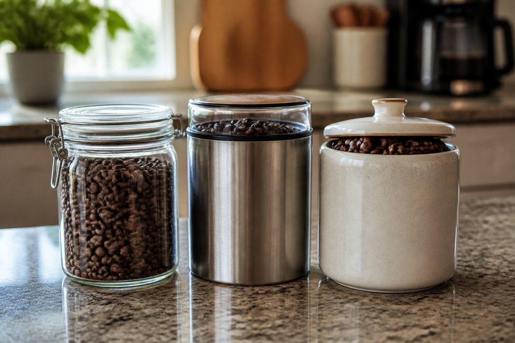 Three different coffee storage containers (glass, stainless steel, and ceramic) arranged on a kitchen counter with whole coffee beans visible inside, showing opaque and transparent materials in natural morning light