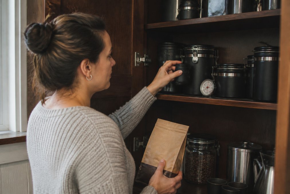 Opaque airtight canisters and a dated coffee package on a pantry shelf showing how to store coffee beans to maintain