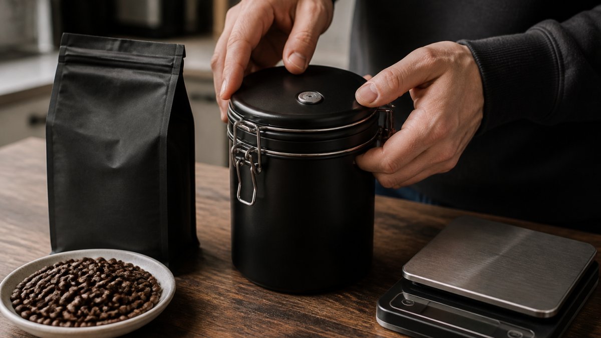 Close-up of hands sealing whole coffee beans into a matte black one-way valve canister on a dark wood kitchen counter, with a bag of freshly roasted beans and a digital scale nearby
