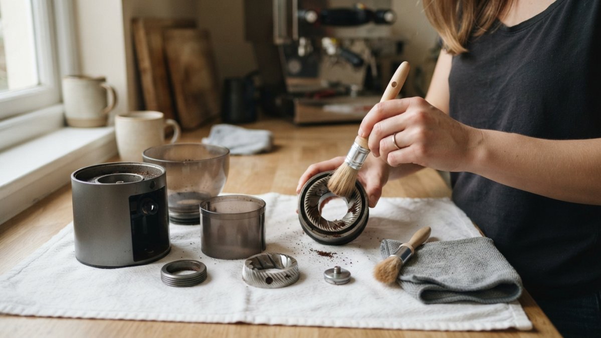 Disassembled metal coffee grinder components laid out on a clean cloth with cleaning brushes and a microfiber towel.