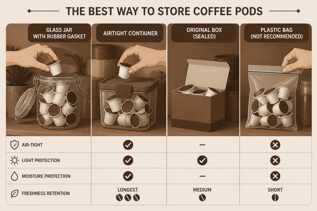 Close-up of hands organizing K-Cup compatible coffee pods into glass jars with rubber gaskets and sealed containers on a kitchen shelf, showing different storage methods side by side