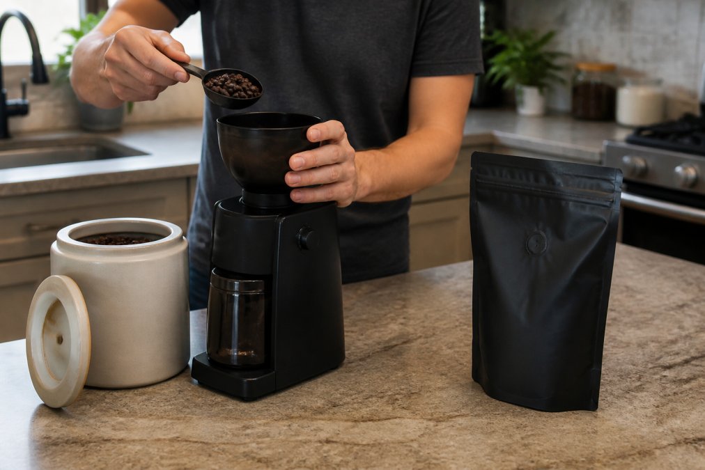 A person scooping whole coffee beans from an opaque ceramic canister into a burr grinder on a kitchen counter, with a one-way valve bag visible nearby