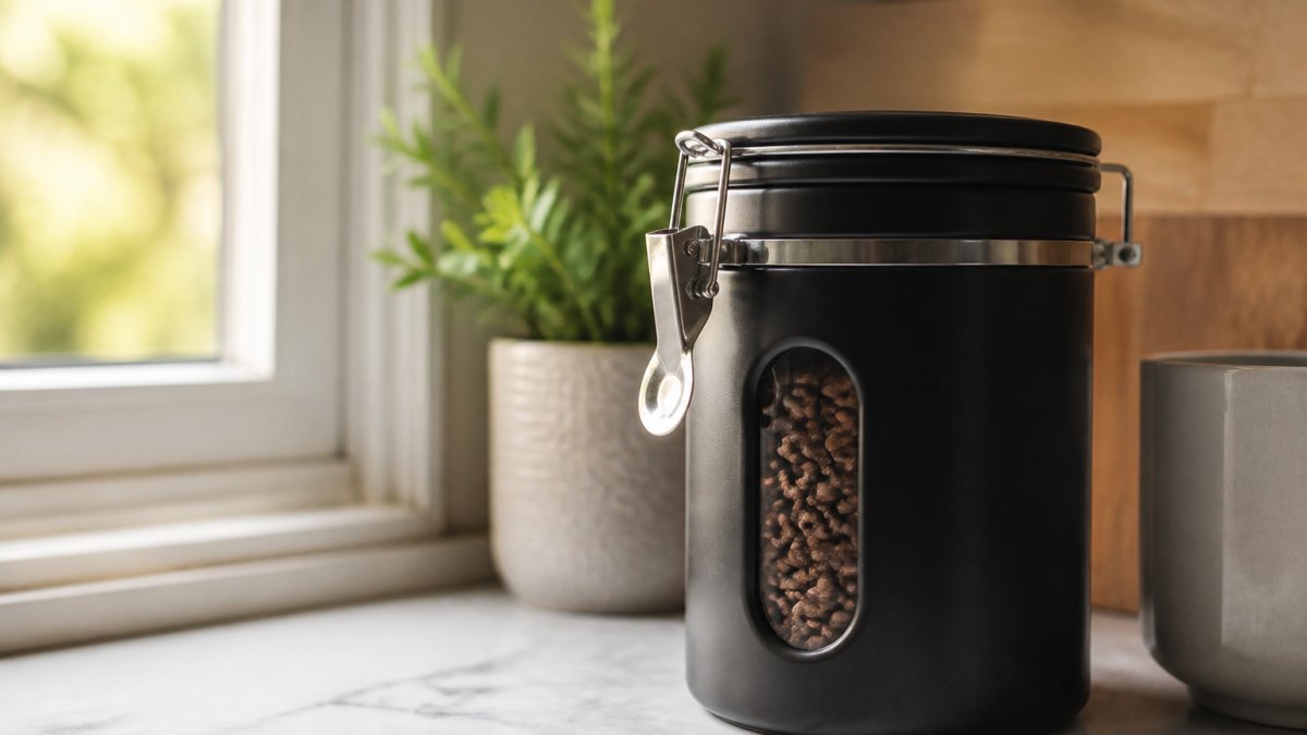 A close-up of an opaque airtight coffee canister with a sealed lid sitting on a kitchen counter, roasted coffee beans visible inside, soft natural light from a nearby window