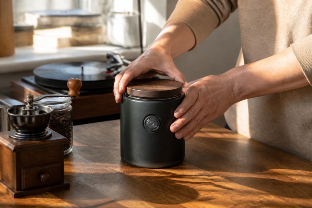 Close-up of hands sealing a dark opaque ceramic coffee canister with a one-way valve on a wooden kitchen counter, soft morning light, vinyl record player blurred in background
