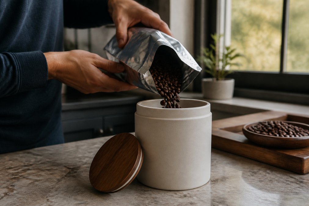 A person's hands transferring whole coffee beans from a sealed foil bag into an opaque ceramic canister on a kitchen counter, with a window in the background showing indirect light