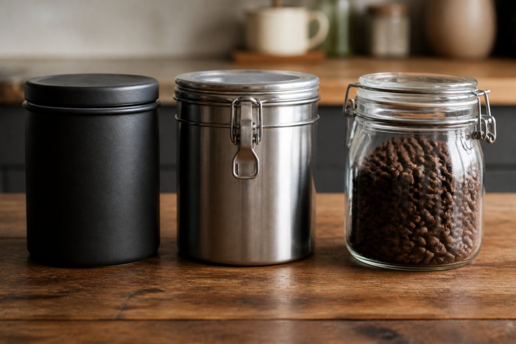 Close-up of several coffee storage containers side by side on a wooden kitchen counter: a matte ceramic canister, a stainless steel airtight tin, and a glass jar, each filled with whole coffee beans