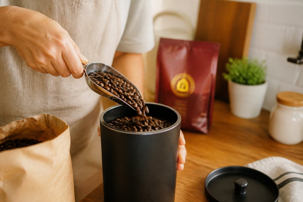 Hands carefully scooping whole coffee beans from a kraft paper bag into a dark opaque airtight canister on a kitchen countertop, with a bag of freshly roasted Dály Hermanos Coffee visible in the background, warm kitchen lighting