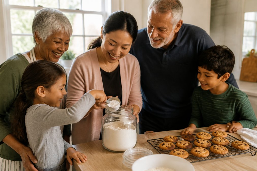 A multigenerational, multiracial family in a warm home kitchen, including Black and white grandparents, a young Asian mother, and children, laughing together as they scoop Lura's Kitchen cookie mix from a clear airtight glass jar on a wooden counter. Golden baked chocolate chip cookies cool on a wire rack nearby, and natural window light makes the scene look candid and lifelike, not posed.