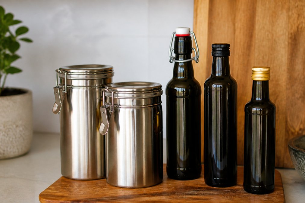 Close-up of dark glass bottles and stainless steel containers with cooking oil, showing airtight seals and labels on a kitchen counter