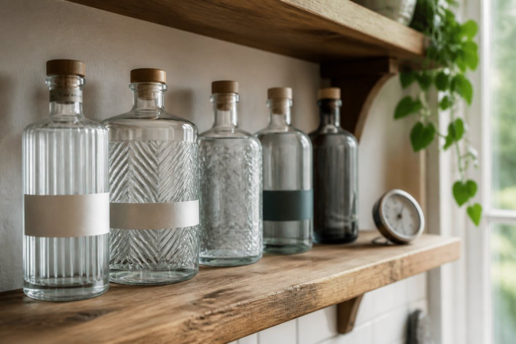 A wooden kitchen shelf holding several craft gin bottles away from direct sunlight, with a small thermometer nearby showing a cool room temperature