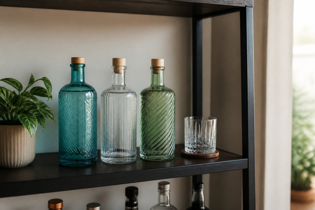 A minimalist home bar shelf with three craft gin bottles displayed upright away from a window, a small potted plant and a single glass beside them, soft natural light from the side