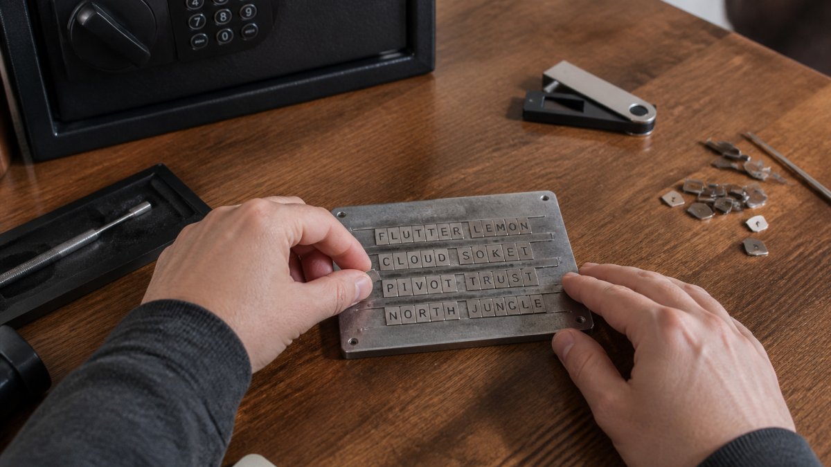 Close-up of hands carefully placing metal letter tiles spelling out a recovery phrase into a metal seed storage plate on a wooden desk, with a hardware wallet and fireproof safe visible in the background
