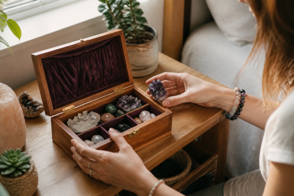A close-up of a wooden storage box lined with soft velvet, containing several crystals of different sizes and colours, placed on a bedside table with natural light coming from a window