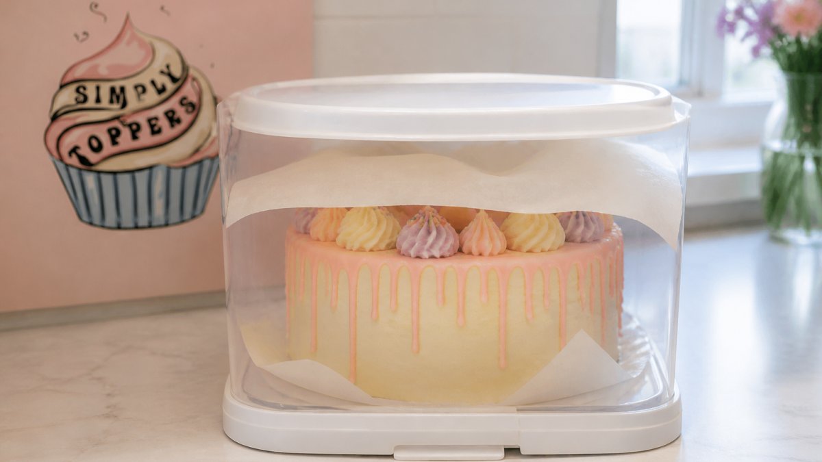 Decorated cake with handmade sugar paste toppers carefully arranged inside a clear cake storage box with parchment paper between layers, showing protective spacing from the box lid