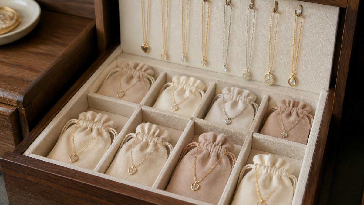 Close-up of organized jewelry drawer showing multiple delicate necklaces stored separately in individual fabric pouches, compartmentalized sections with dividers, and a few necklaces hanging on small hooks, with soft lighting highlighting the organized arrangement