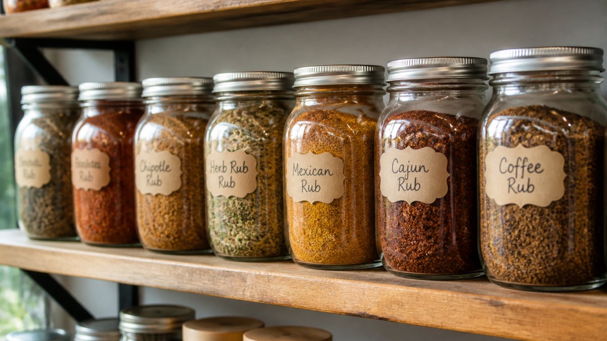Glass jars filled with colorful dry rubs organized on a pantry shelf with handwritten labels