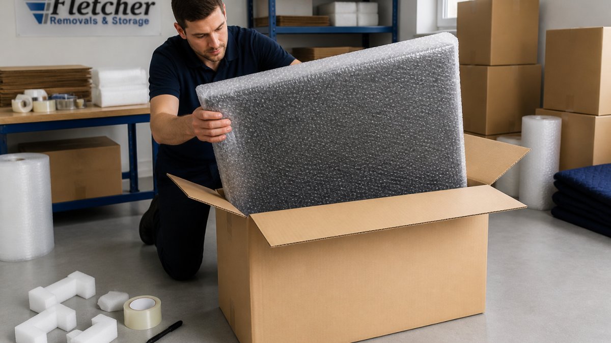 A person carefully wrapping a flat-screen television in bubble wrap and placing it into a sturdy cardboard box on a clean floor, with packing tape and foam corners nearby