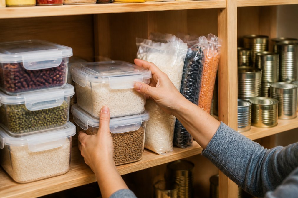 A person's hands arranging labeled airtight containers and mylar bags of rice and beans on a pantry shelf, warm kitchen lighting, canned goods lined up behind
