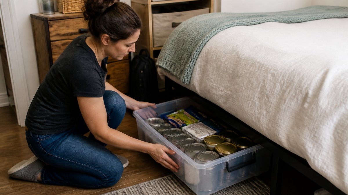 Person sliding a low-profile bin of emergency food from under a bed to show how to store emergency food in small apartments