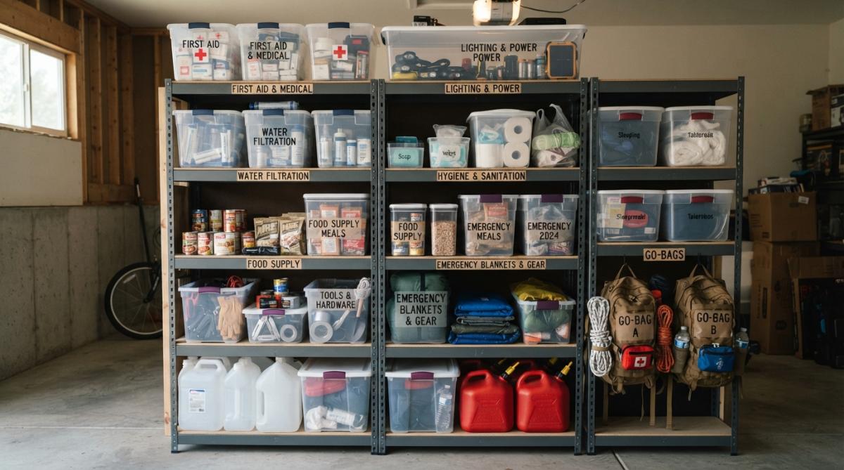 A well-organized garage storage area with labeled plastic bins and airtight containers neatly arranged on metal shelving, showing emergency supplies clearly categorized by type with handwritten labels visible