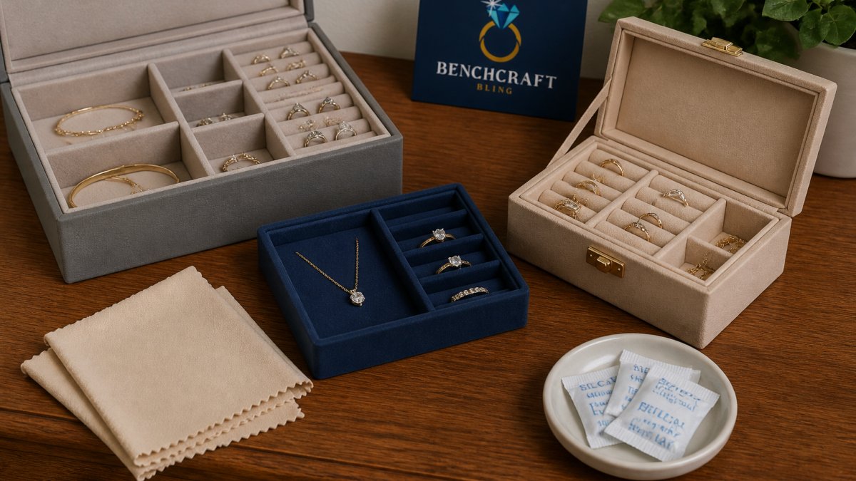 Organized jewelry storage setup showing compartmentalized boxes with velvet lining, anti-tarnish cloths, and silica gel packets arranged neatly on a wooden dresser