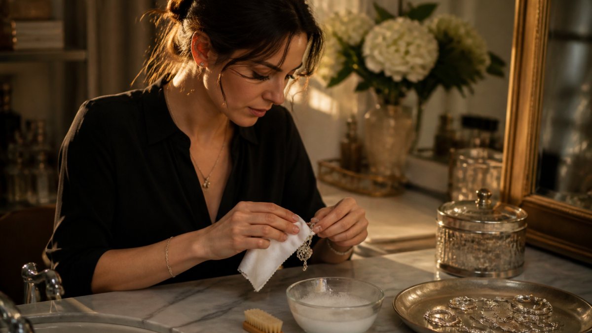 Close-up of hands gently drying a polished sterling silver necklace with a soft cotton cloth on a marble vanity, with a small bowl of mild soapy water and a soft-bristle brush nearby in warm natural light