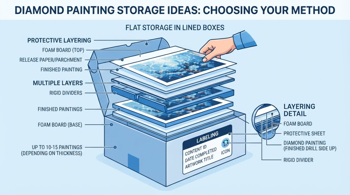Professional illustration showing store finished diamond paintings