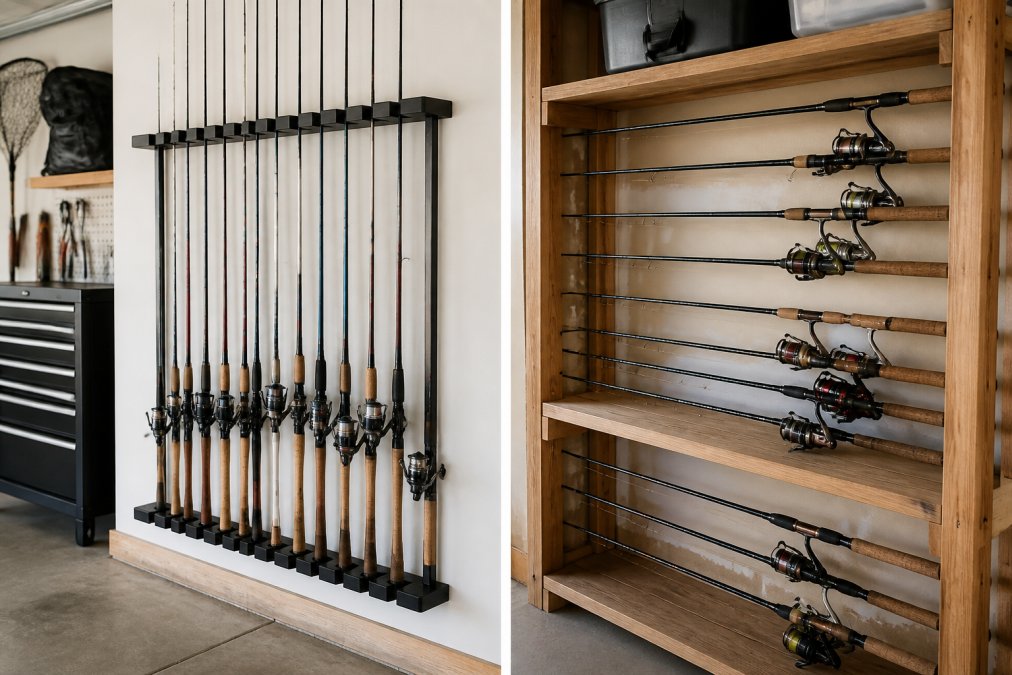 Professional angler organizing fishing rods vertically mounted on a wall rack in a garage, rods standing upright with rod tips visible, organized by size with reels clearly displayed
