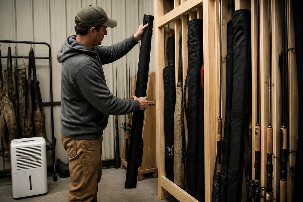 Fishing rods stored in protective sleeves and rod cases arranged in a climate-controlled storage area with a dehumidifier unit visible, rods organized vertically