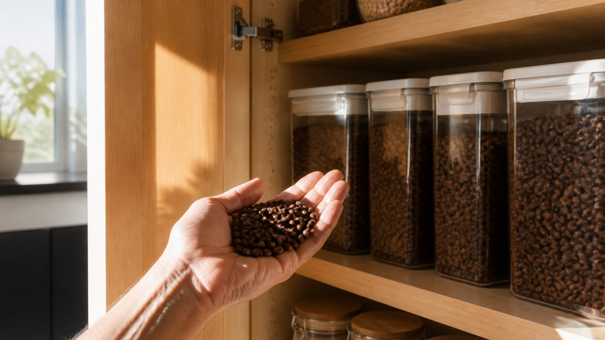 A hand holding whole coffee beans next to an open cupboard with airtight containers on shelves, warm natural light streaming in, showing a cool, dry pantry setup