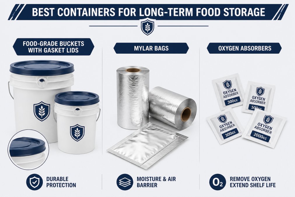 Close-up of food-grade buckets with gasket lids, rolled Mylar bags, and packets of oxygen absorbers arranged on a clean white surface, showing the materials ready for flour storage