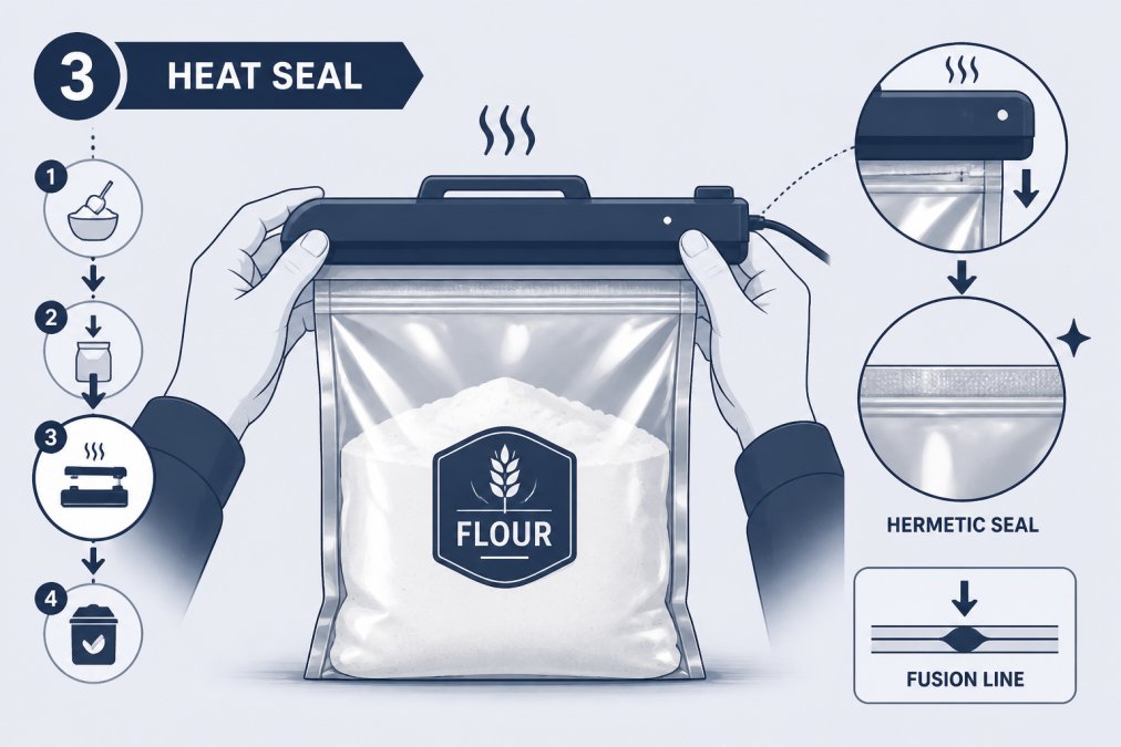Hands using a heat sealer to seal the top edge of a Mylar bag filled with flour, showing the hermetic seal process with the sealer creating a clean fusion line
