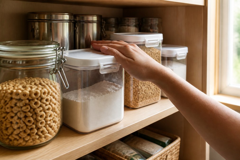 Close-up of a kitchen pantry shelf lined with glass, plastic, and metal airtight containers filled with cereal, flour, and sugar, one hand pressing a lid shut, warm afternoon light through a nearby window