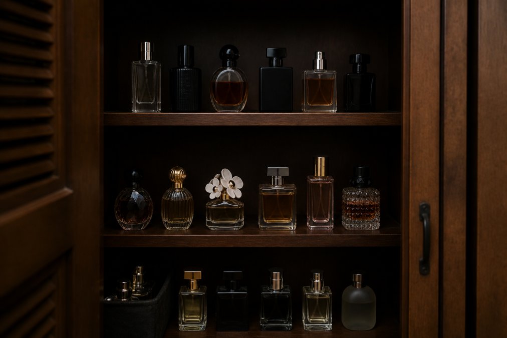 Fragrance bottles arranged on wooden shelves inside a dark closet with soft indirect lighting, showing proper storage positioning with bottles standing upright and organized by scent family