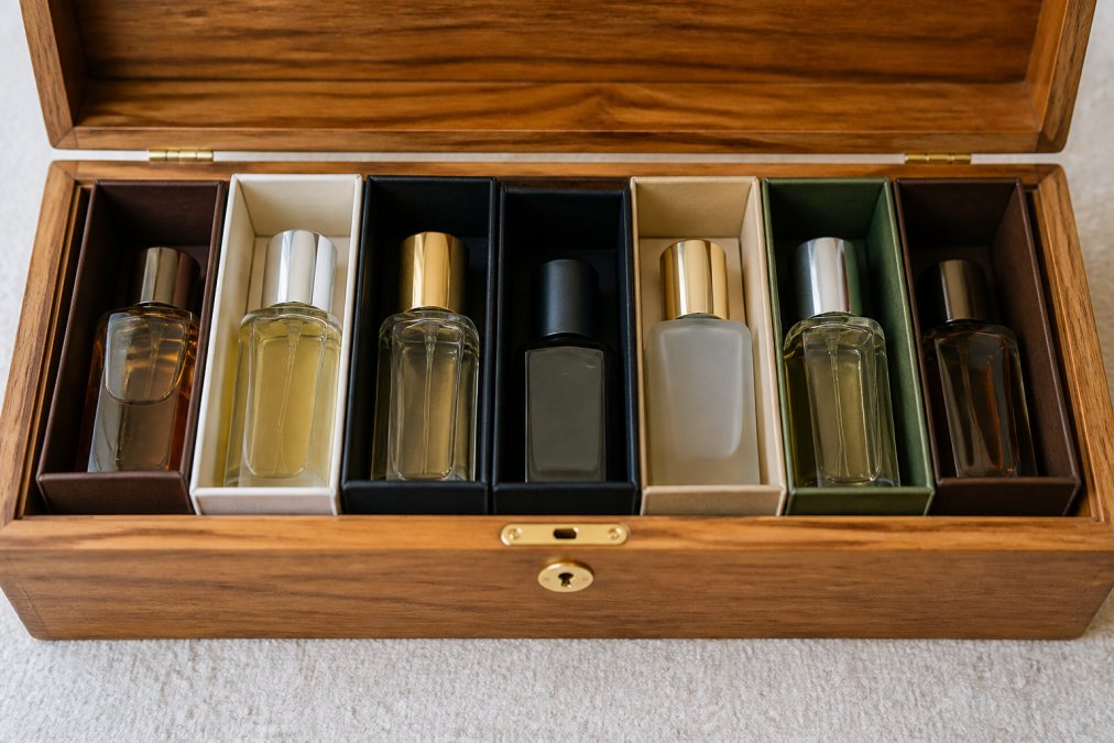 Fragrance collection of multiple bottles stored upright in their original packaging inside a climate-controlled wooden box, showing proper bottle orientation and organization by scent family