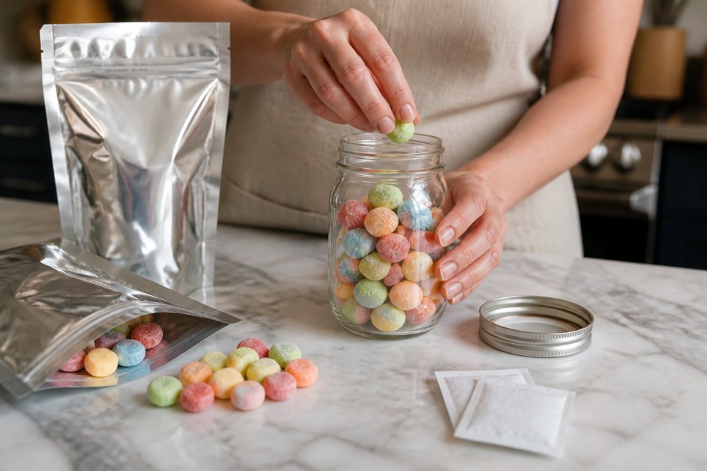 Hands placing colorful freeze dried candy into a glass jar to store freeze dried candy properly with Mylar bags.