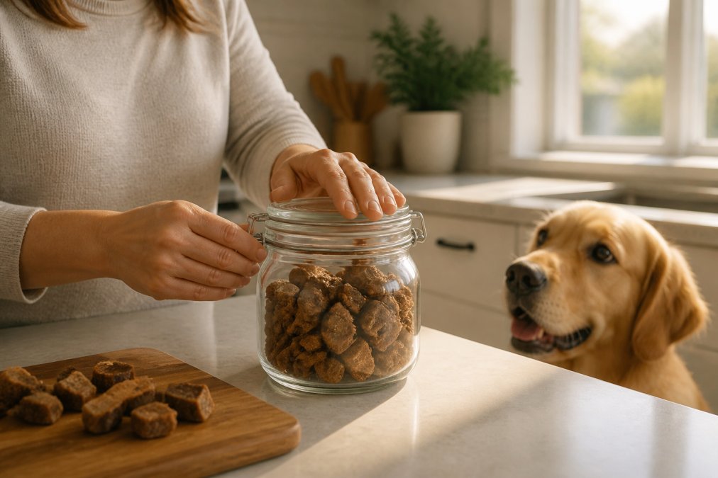 Pet owner sealing a glass jar of freeze dried pet treats while a golden retriever watches on the kitchen floor.