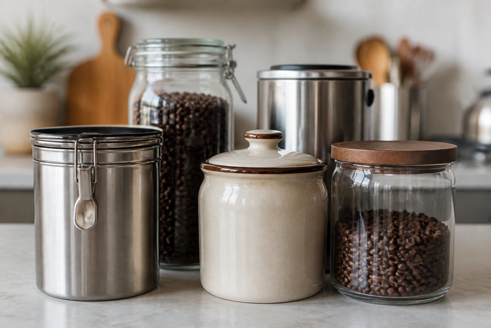 Close-up of various coffee storage containers including opaque stainless steel canisters, glazed ceramic jars, and sealed glass containers arranged on a kitchen counter with fresh roasted coffee beans visible inside some containers, natural kitchen lighting