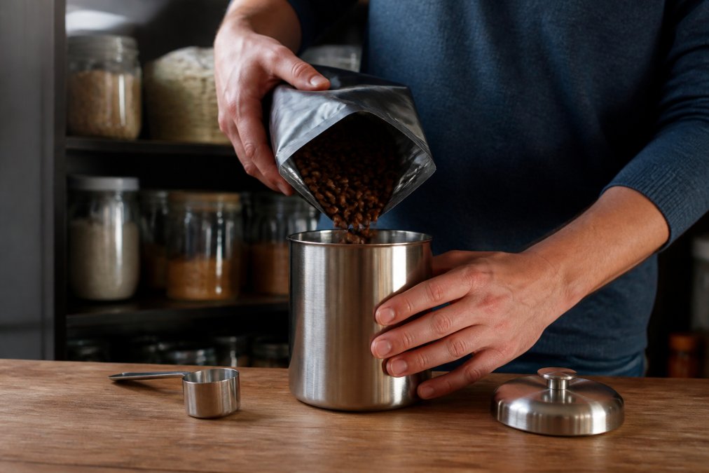 Hands carefully transferring freshly roasted coffee beans from an original roasted bag into an opaque stainless steel canister in a cool, dark pantry setting, away from direct sunlight and heat sources, with natural ambient lighting