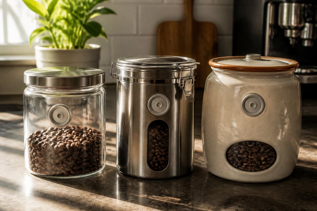 Close-up of three different airtight coffee storage containers in glass, stainless steel, and ceramic with visible one-way degassing valves, beans partially visible inside, arranged on a kitchen counter with soft morning light streaming across them