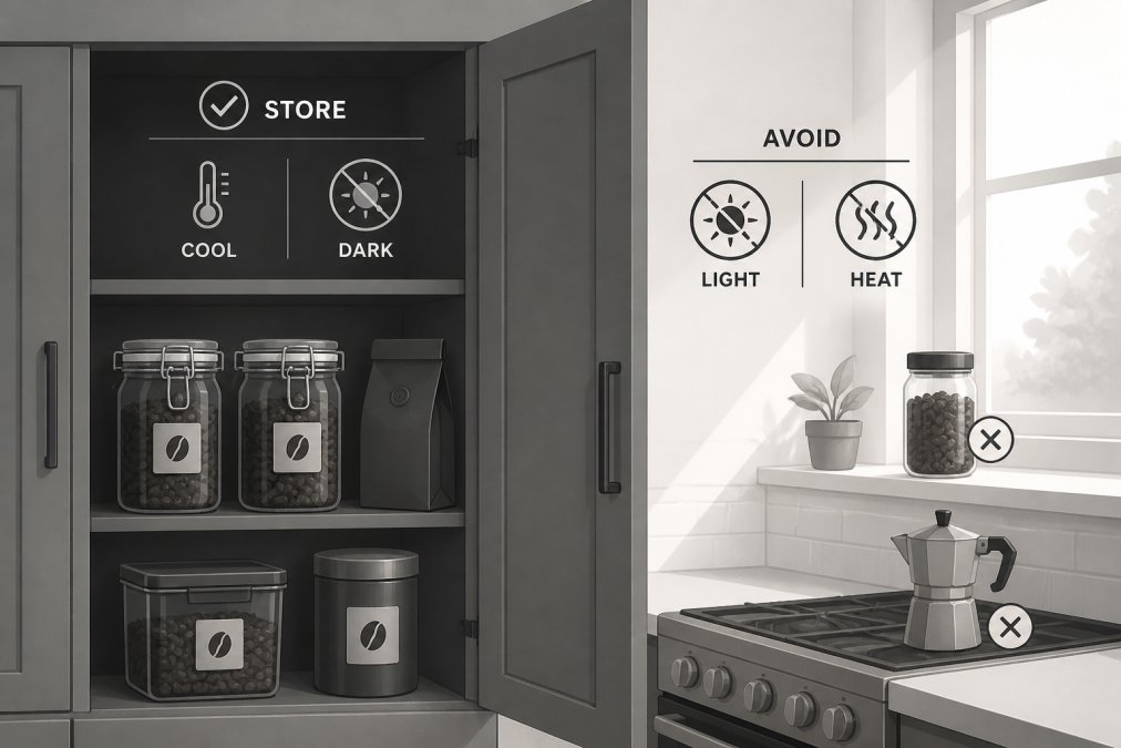 Kitchen interior showing proper coffee bean storage in a cool, dark cupboard with the door slightly open, revealing airtight containers inside, with a contrasting view of a sunny windowsill and stovetop area in the background to illustrate what to avoid