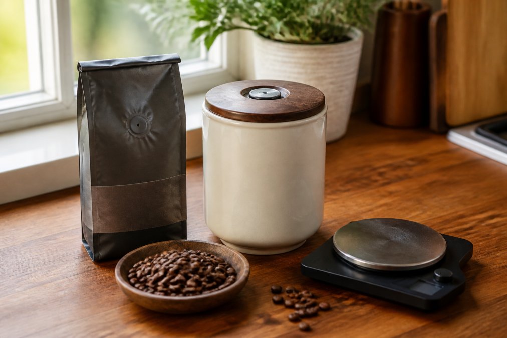 Infographic showing how to store fresh roasted coffee beans using an opaque canister, scale, and valve lid.