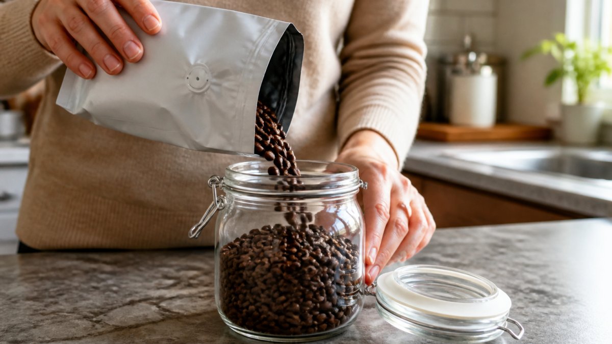 Close-up of hands carefully pouring freshly roasted coffee beans into an airtight container with a visible roast date label on the original bag, placed on a cool kitchen counter away from direct light