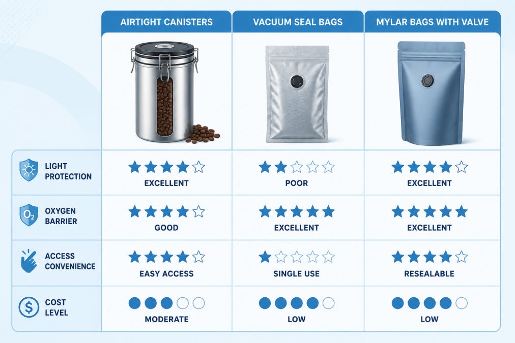 Comparison matrix of container types: airtight canisters (excellent light protection, good oxygen barrier, easy access, moderate cost), vacuum seal bags (excellent oxygen barrier, single use, poor for frequent access, low cost), mylar bags with valve (excellent oxygen barrier, resealable, good for frequent access, low cost)