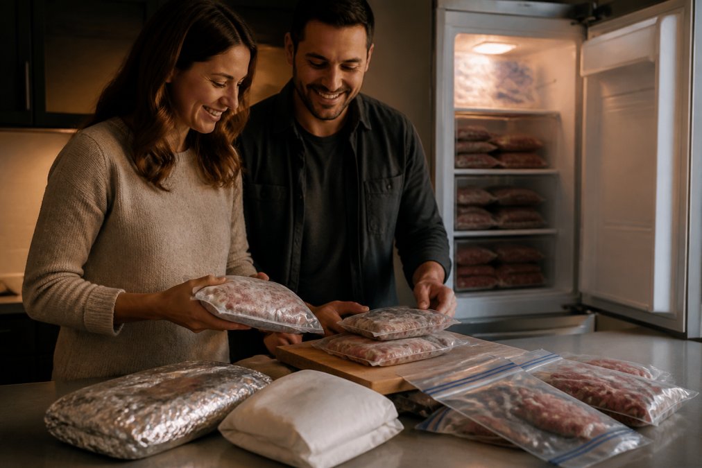 Close-up of various freezer storage methods for meat arranged on a clean kitchen counter: heavy-duty aluminum foil, freezer paper, resealable bags, and vacuum-sealed portions next to a freezer in the background