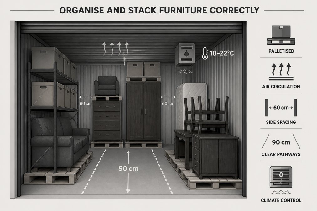 Interior view of an organised storage unit showing furniture stacked neatly with clear pathways between items, palletised storage visible, proper spacing for air circulation, and strategic placement of climate control equipment
