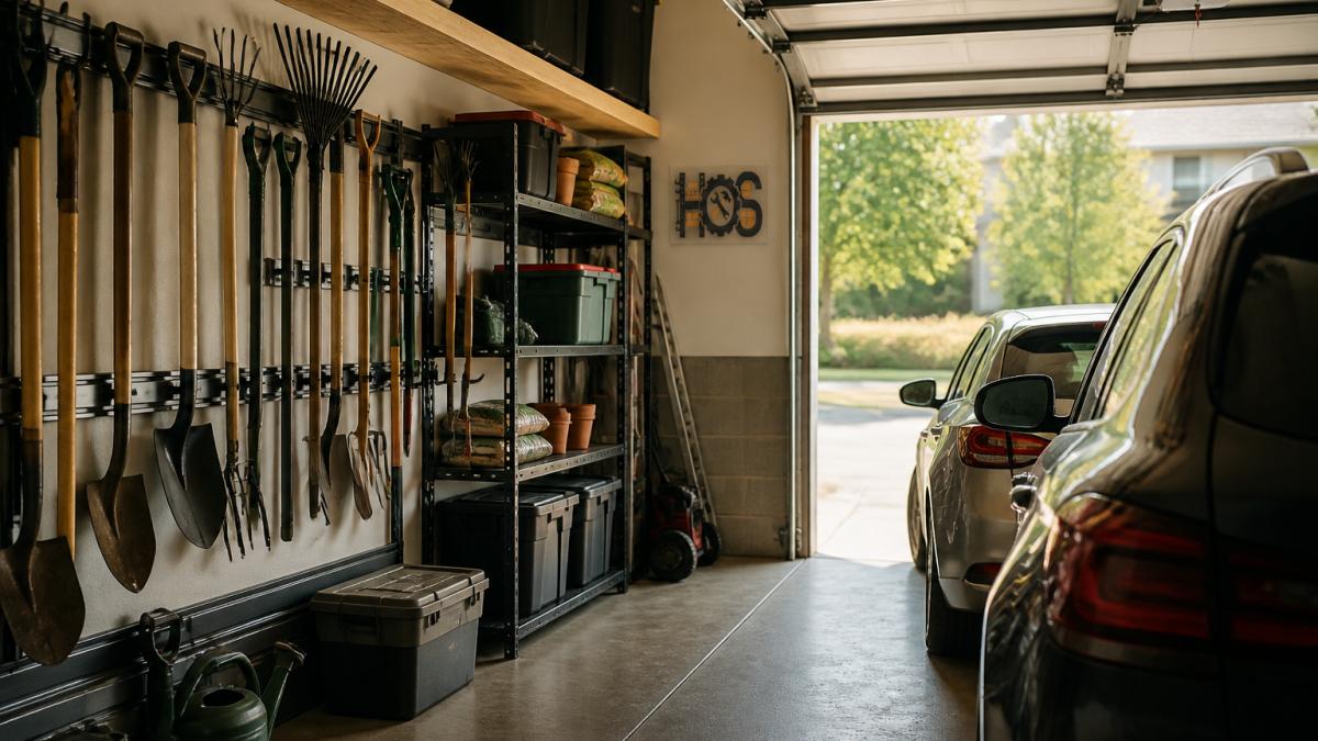 Wall-mounted organizers and shelving in a small garage with two cars parked and clear floor space.