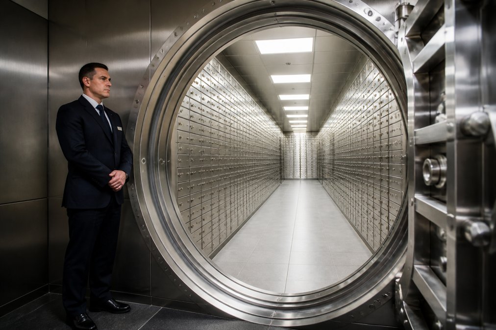 Interior of a high-security private vault with rows of polished metal deposit boxes, a security professional in uniform standing near the entrance, bright overhead lighting reflecting off steel surfaces